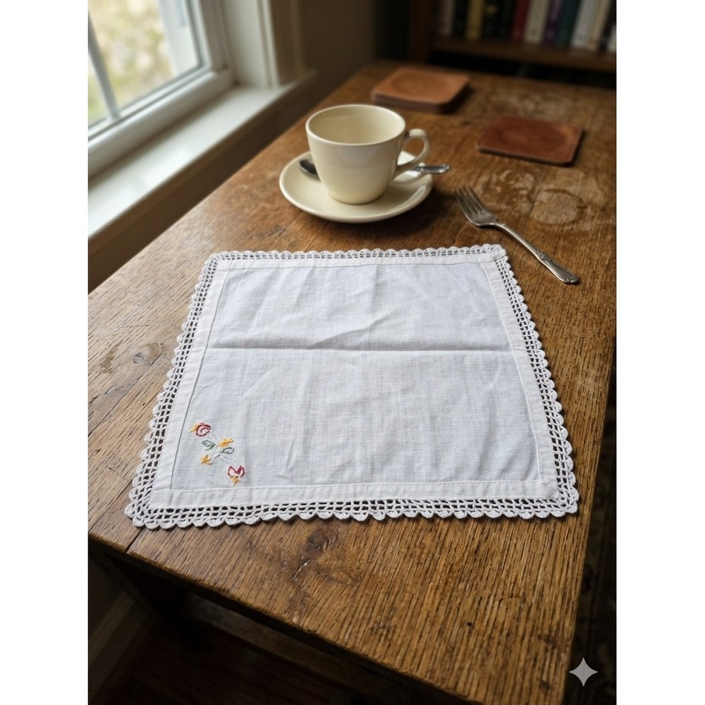 Vintage White Linen Small Tabletop Mat Lace Trim Hand Embroidered Floral 13x11